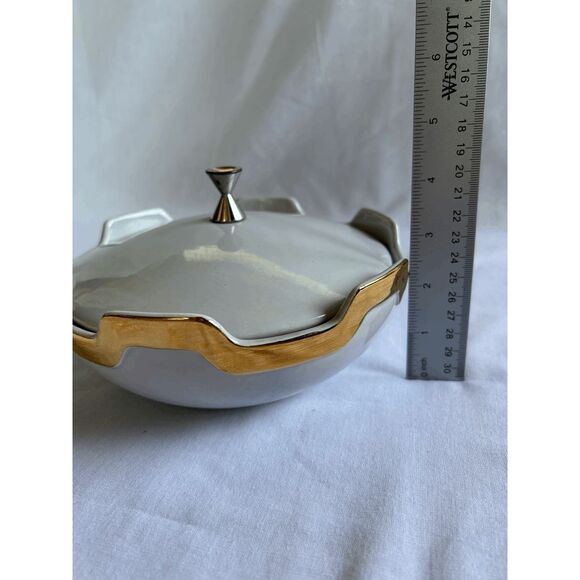Vintage Royal Haeger USA Pottery. Mid Century Candy Dish, Gold Rimmed with Lid - Picture 8 of 10